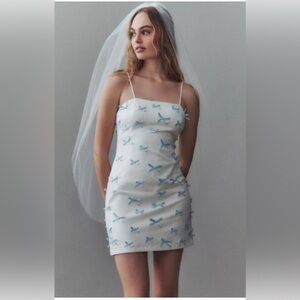 BHLDN White and Blue Bow Spaghetti Strap Fitted Dress NWOT Never Worn!